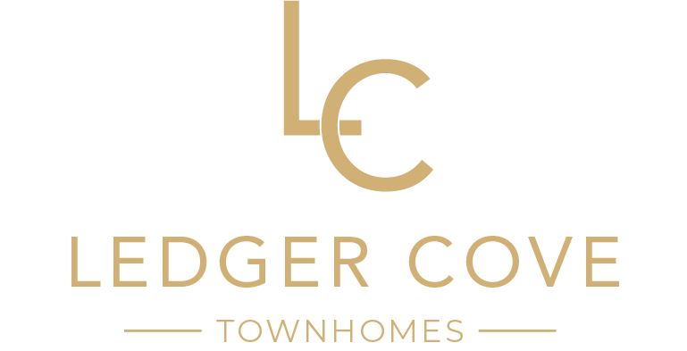 Ledger Cove townhomes logo on a green background.